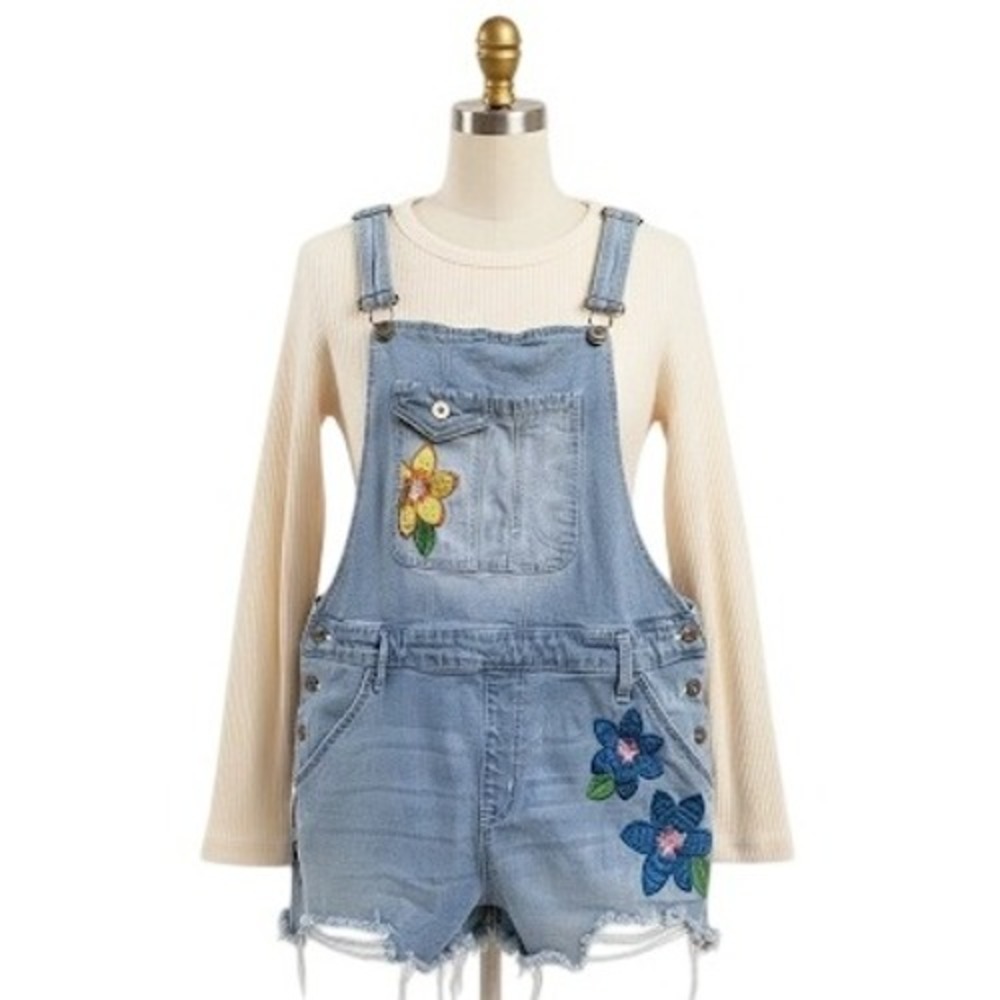 No Boundaries Y2K Denim Overalls Shorts Embroidered Flowers‎ Pockets S